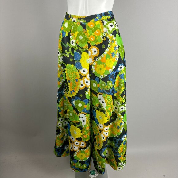 Vtg 60s Green Floral Flower Power Wide Leg Palazzo Pants Bright Bell Bottoms S - Picture 3 of 6